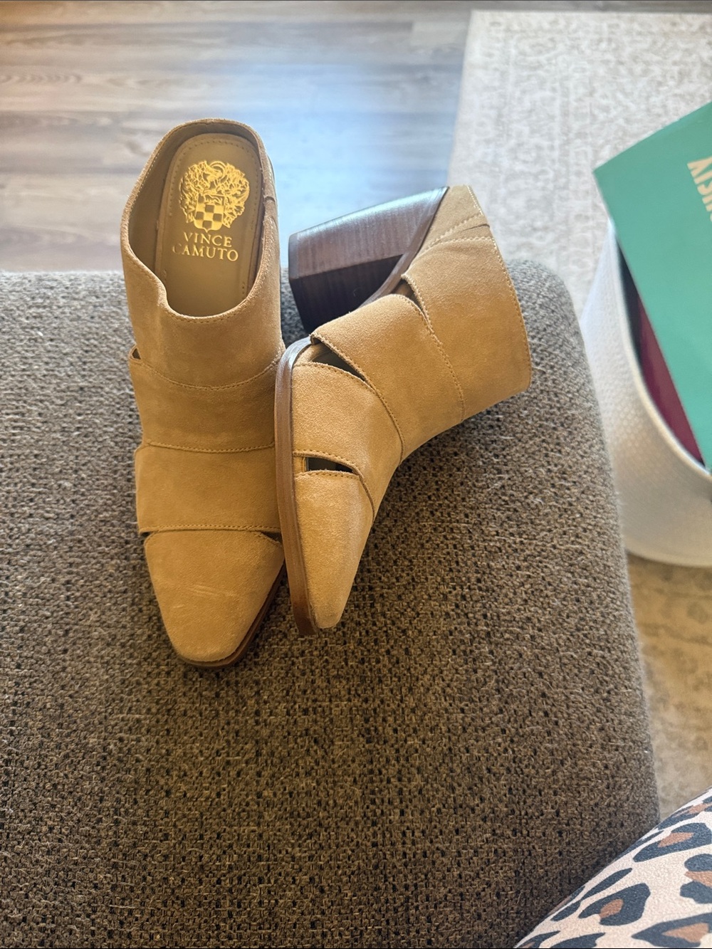 Vince Camuto Tan Suede Peep-Toe Block Heel Mules